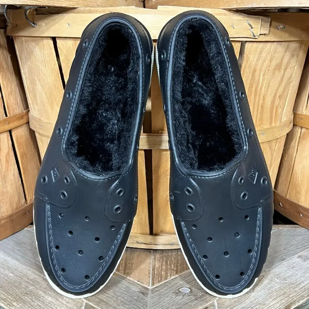 Sperry A/O Float Cozy Black Rubber Faux Fur Lined Slip-On Boat Shoes Men Size 10